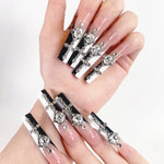 Press on Nails Long Square Pink Black Rhinestone 3D Nails Bling Glossy being worn