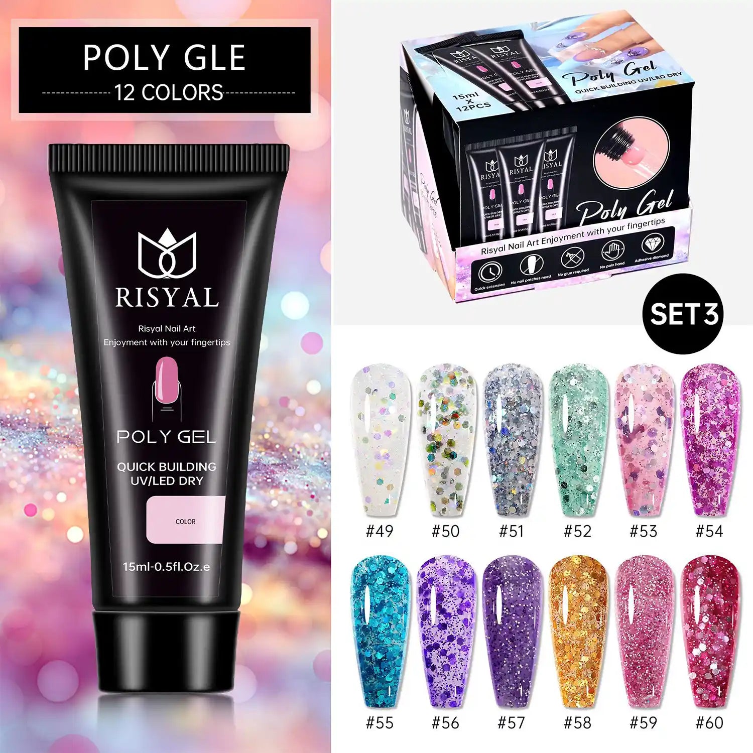 12 colors 15ml gel nail polish extension tools with diamond glitter
