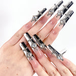 Press on Nails Long Square Pink Black Rhinestone 3D Nails Bling Glossy on a model