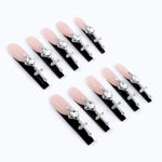 Press on Nails Long Square Pink Black Rhinestone 3D Nails Bling Glossy overall color is mainly pink, white, and black