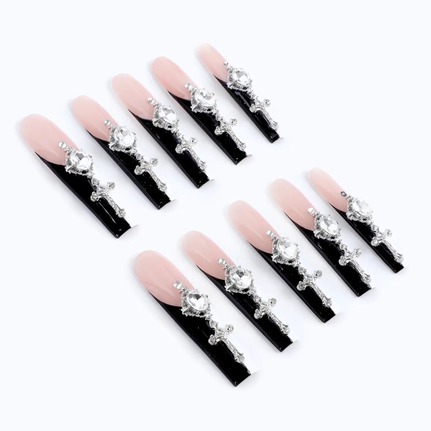 Press on Nails Long Square Pink Black Rhinestone 3D Nails Bling Glossy overall color is mainly pink, white, and black