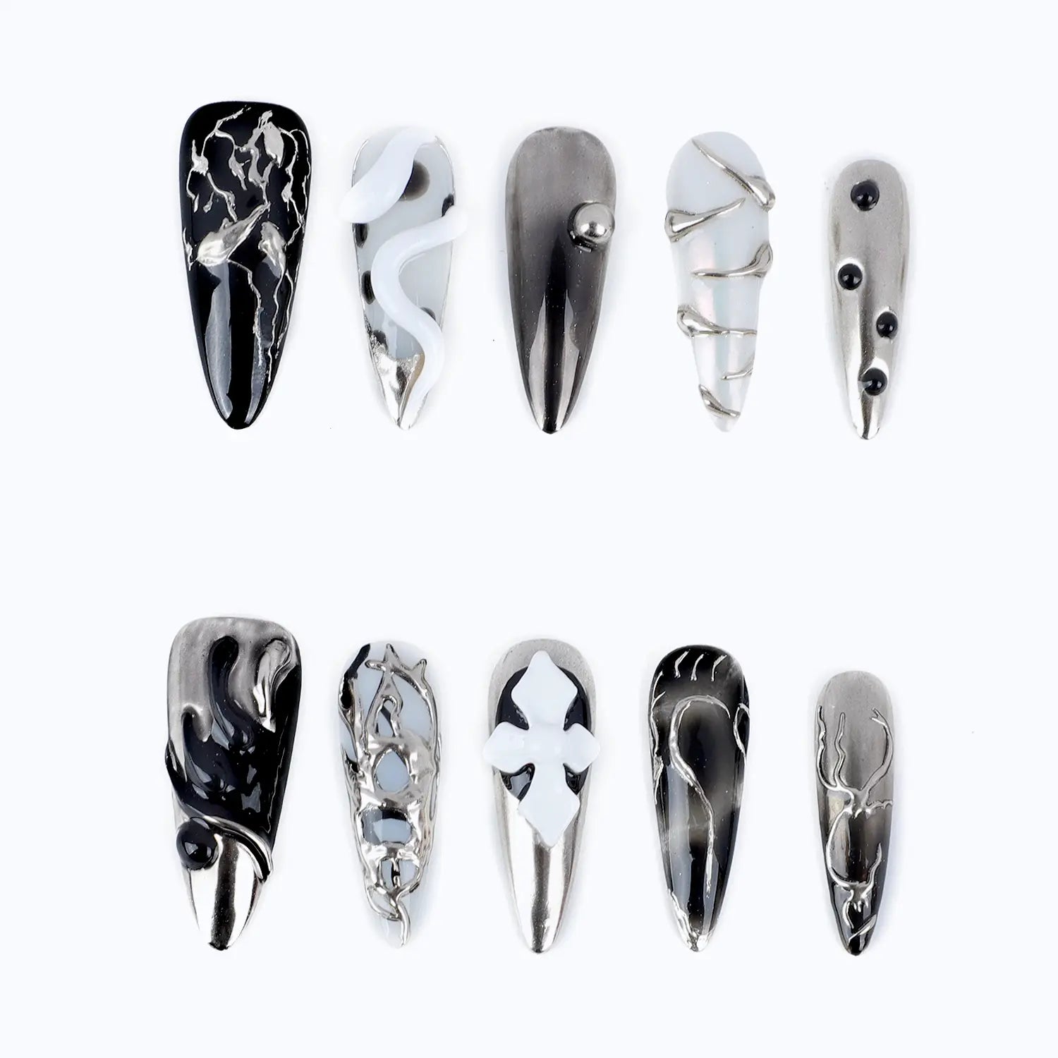 3d nails press on nails stiletto fake nails with silver chrome