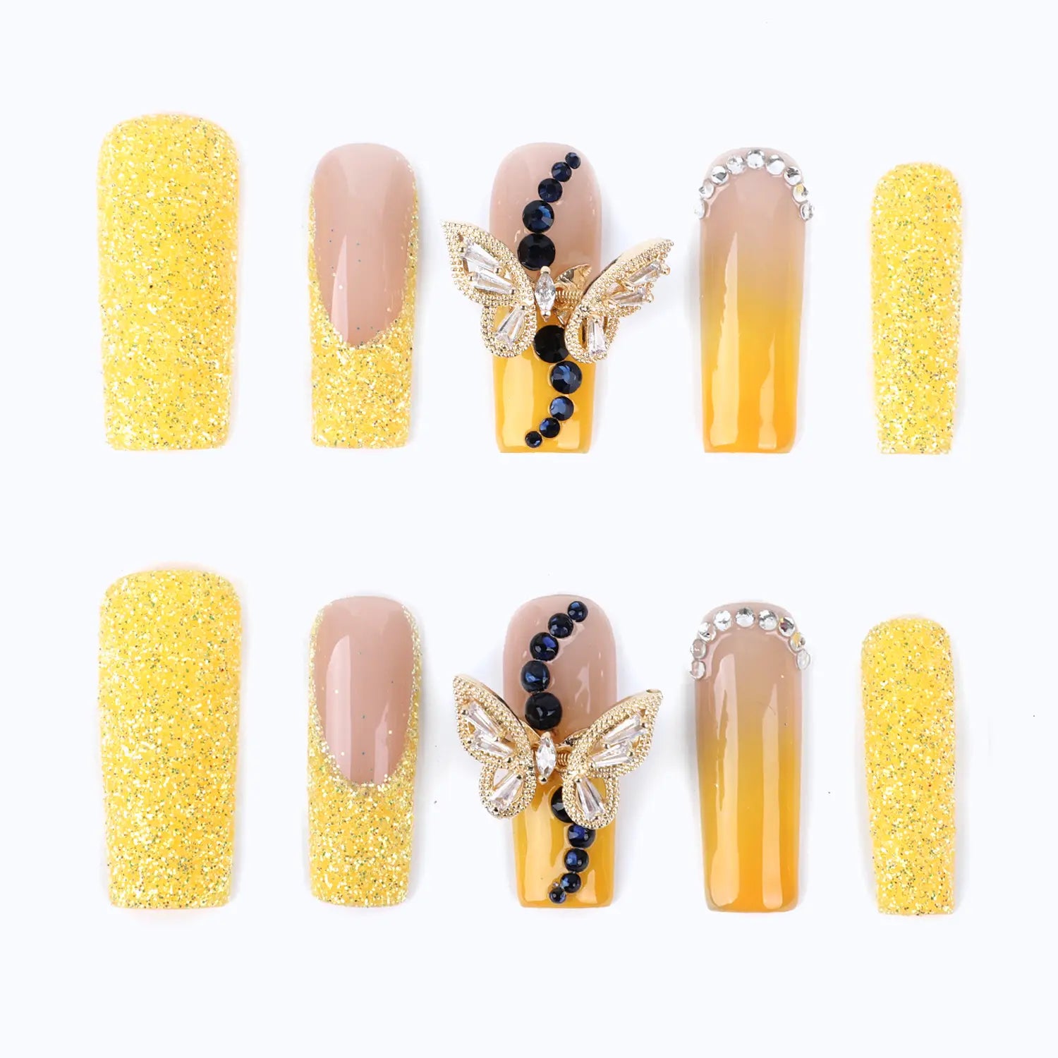 3d nails square yellow french tip with butterfly rhinestones