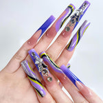 Purple Wave and Diamond Butterfly Long Square Press-On Nails on a model