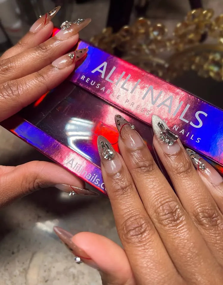 Acrylic Nails French Tips Leopard With Shiny Rhinestones