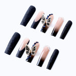 Acrylic nails french tip black ombre fake nails with rhinestone butterfly