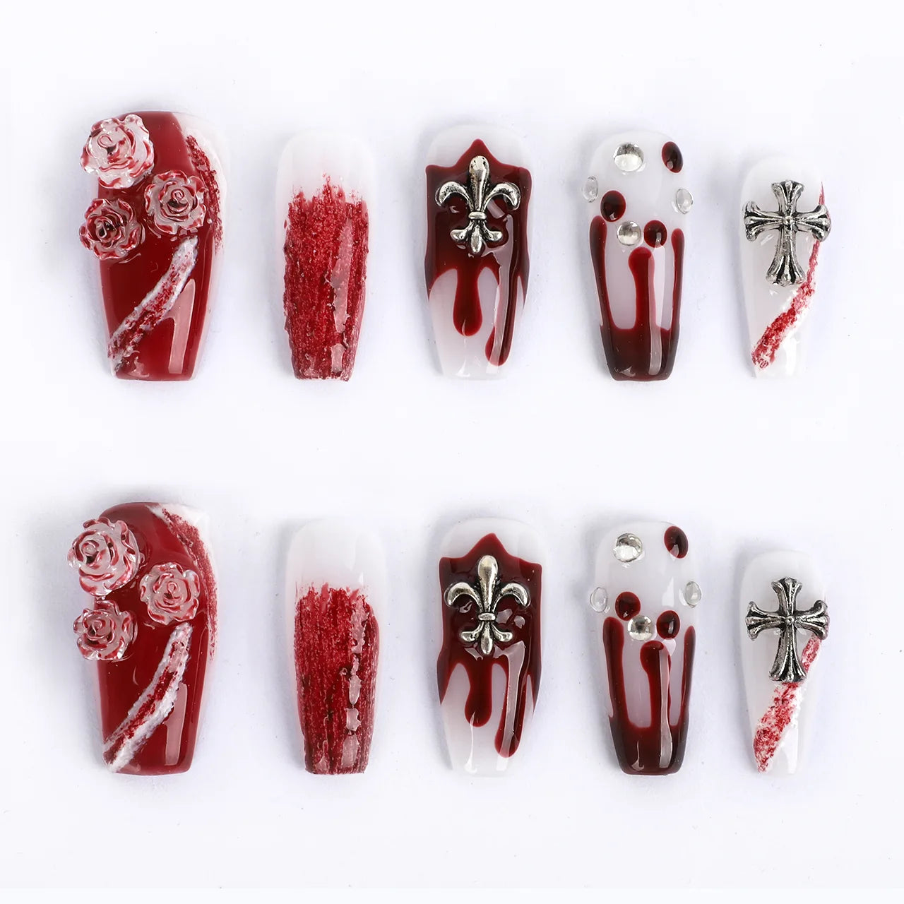 Acrylic press on nails medium coffin blood red 3D nails