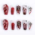 Acrylic press on nails medium coffin blood red 3D nails