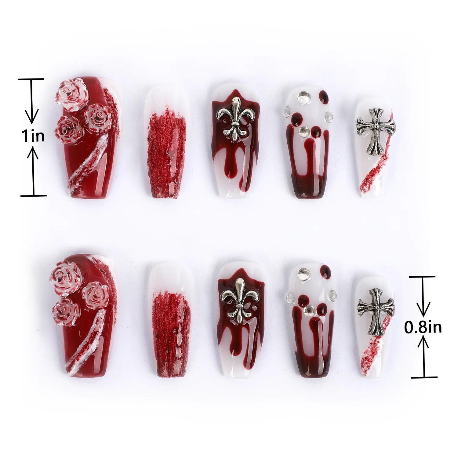 Acrylic Press on Nails Medium Coffin Blood Red 3D Nails length measurement chart showing length