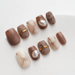 Brown acrylic nails short square false nails autumn winter