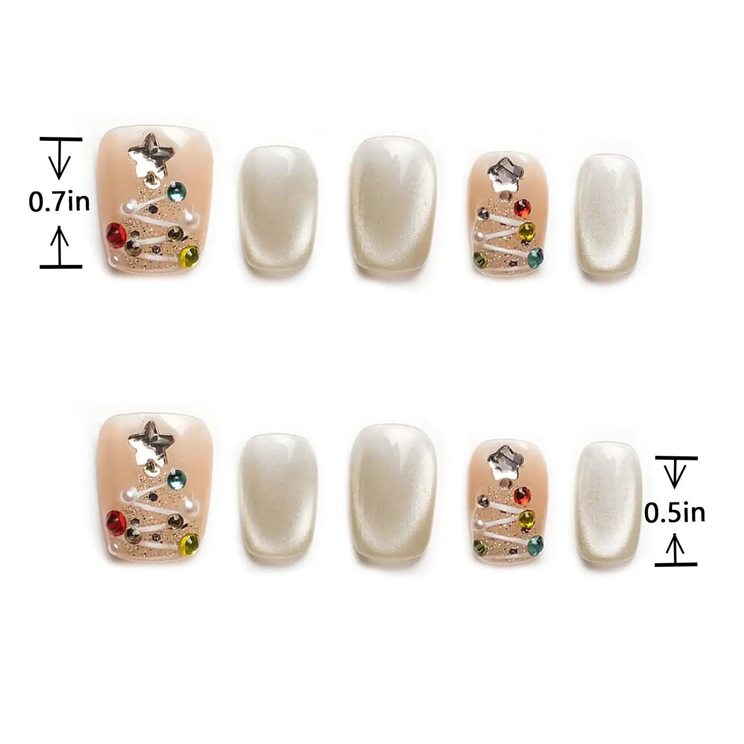 Length Measurement of Short Squoval Cat Eye Silver Press on Nails with Christmas
