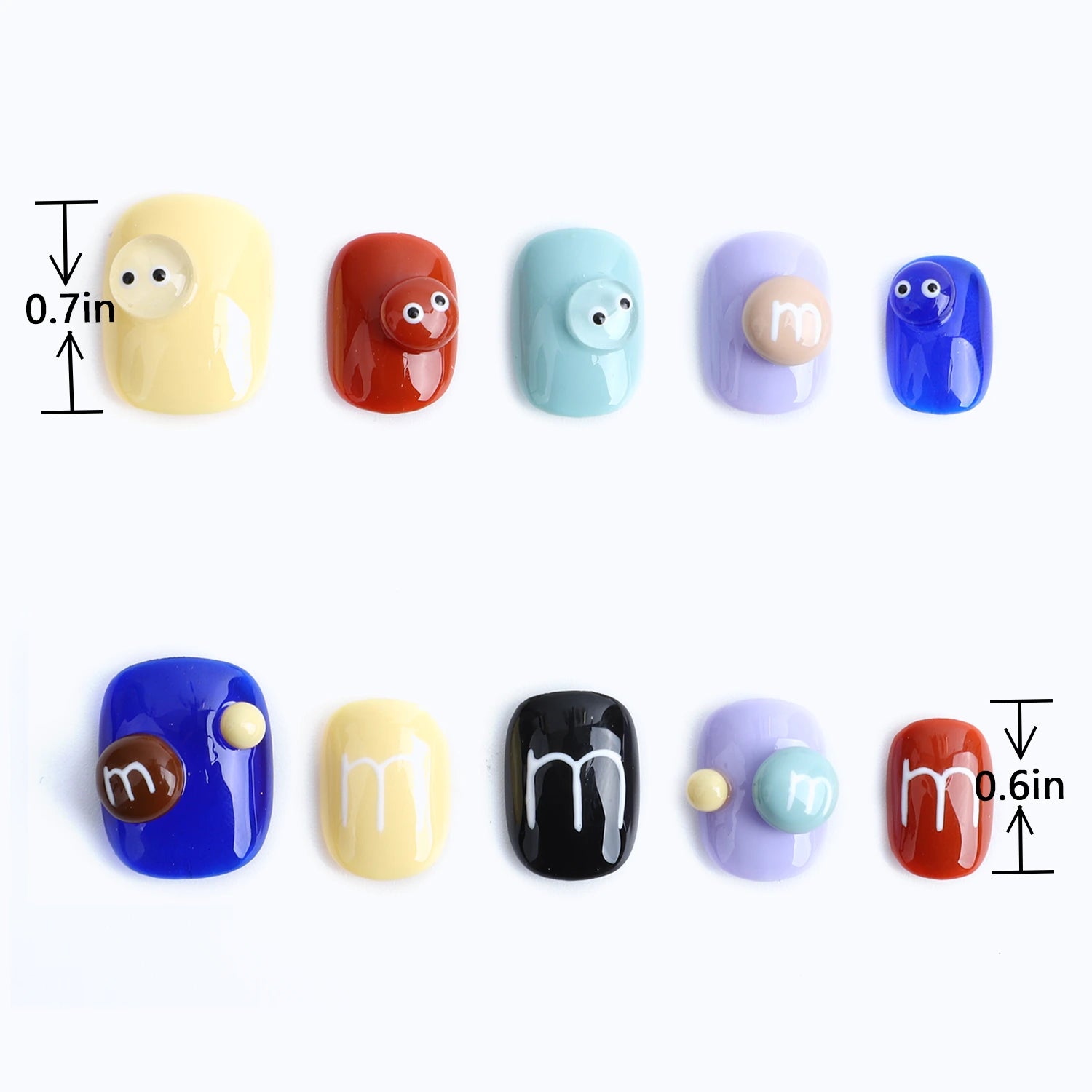 Length measurements for colorful 3D eyes design & letter "m" on nails – cute & fun nail art