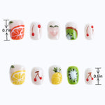 Length measurements for colorful fruit themed nails with cherry lemon kiwi pineapple and peach designs