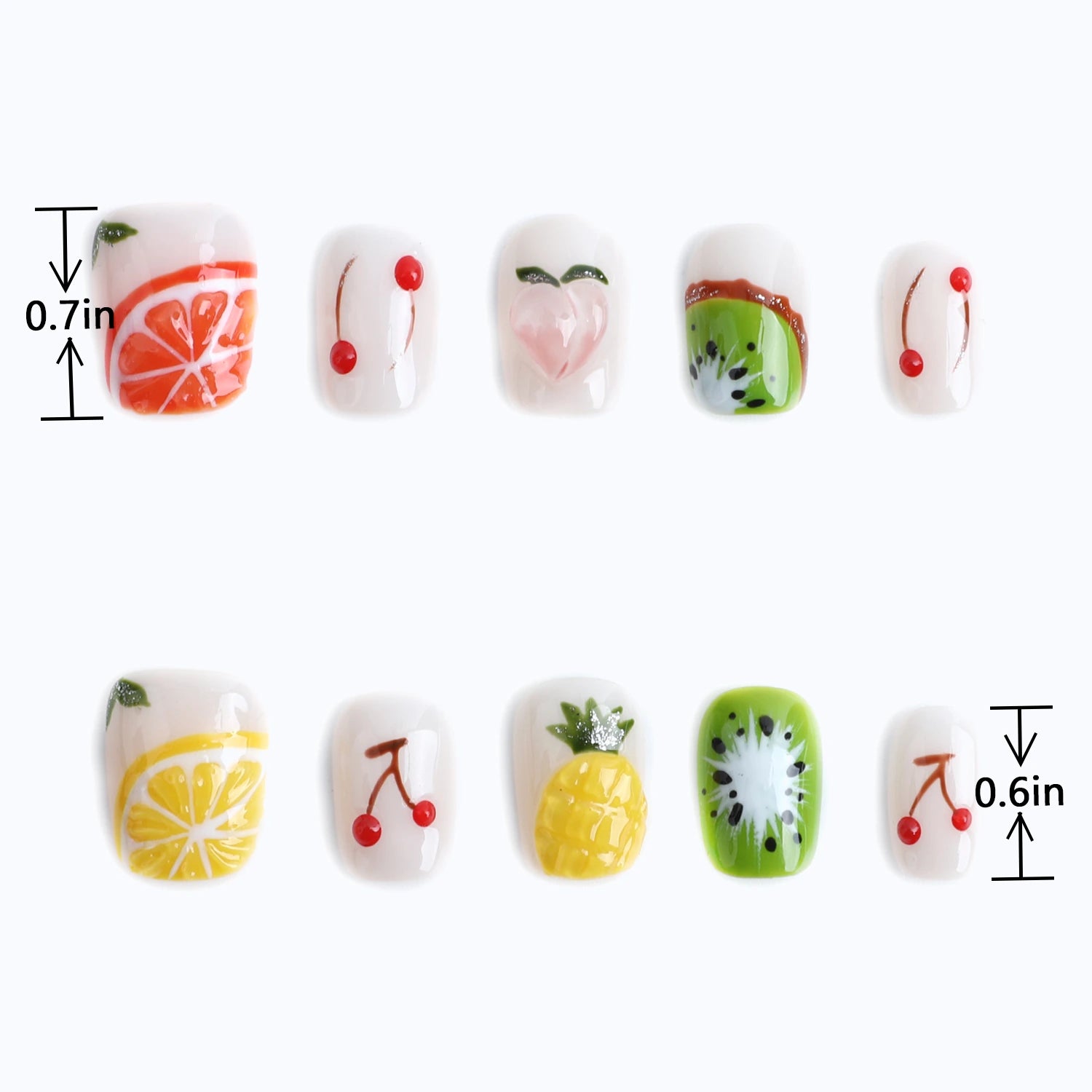 Length measurements for colorful fruit themed nails with cherry lemon kiwi pineapple and peach designs