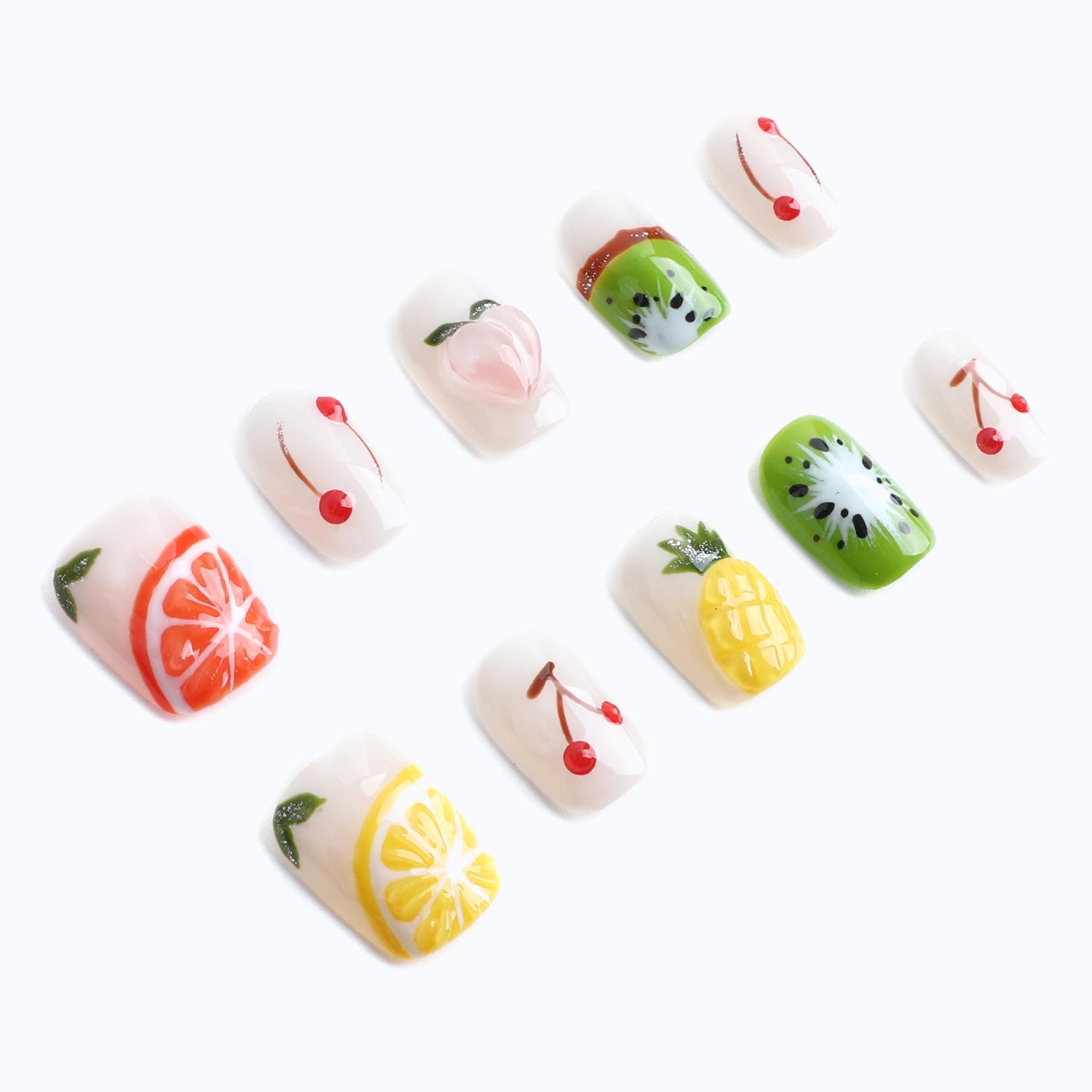 Add a fresh and fruity vibe to your nails with these vibrant fruit-themed 3D press-on nails.