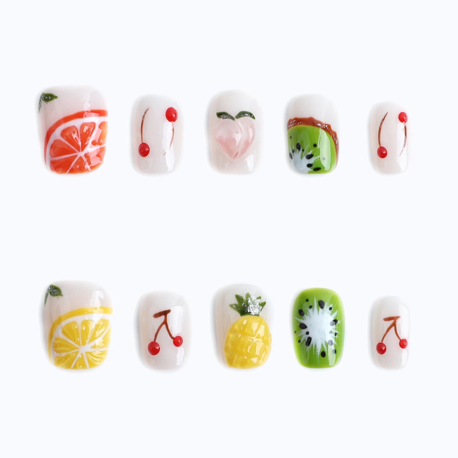 10PCS Colorful fruit themed nails with cherry lemon kiwi pineapple and peach designs display
