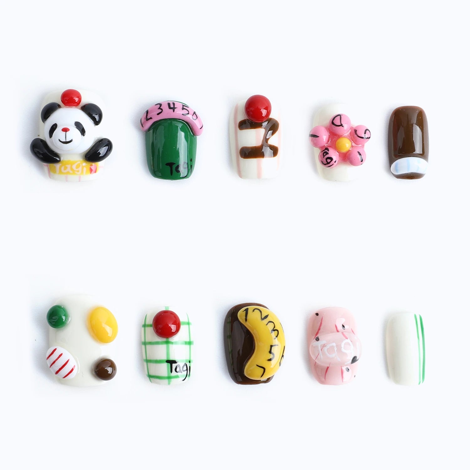 10pcs cute 3D panda and colorful candy unique nail art designs display