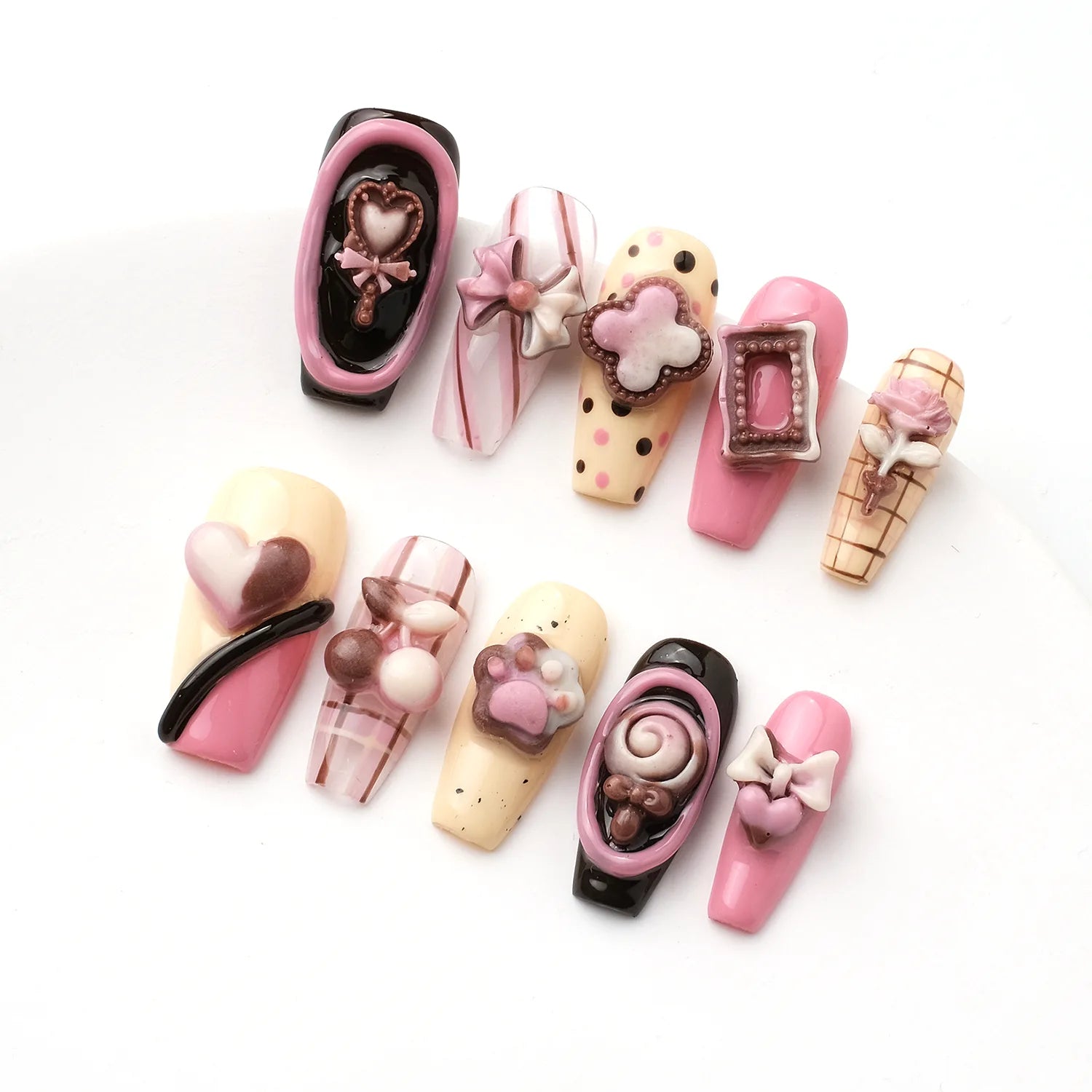 Cute candy press on nails pink medium coffin with bowknot