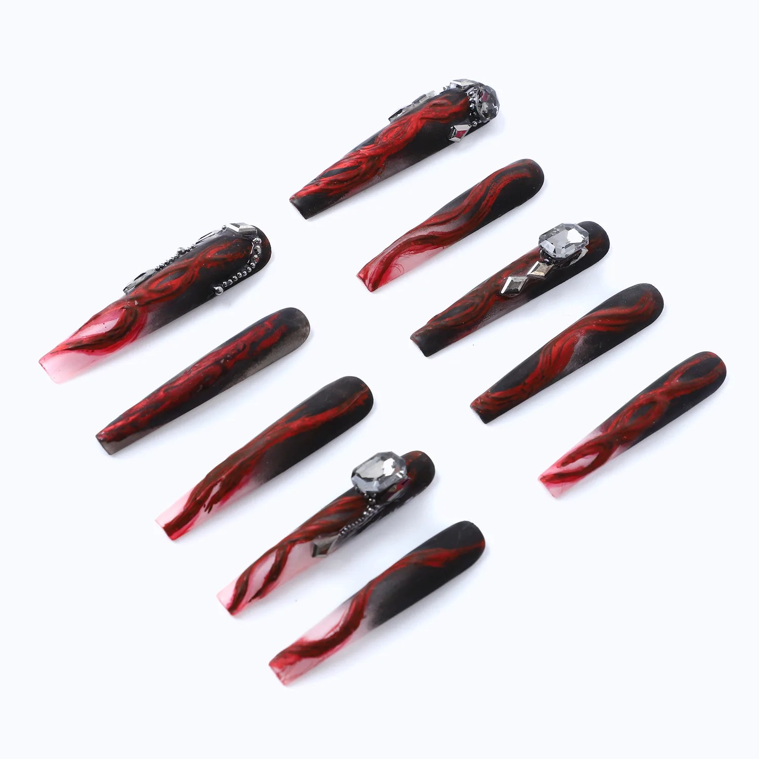 Dark black press on nail with red flames long coffin