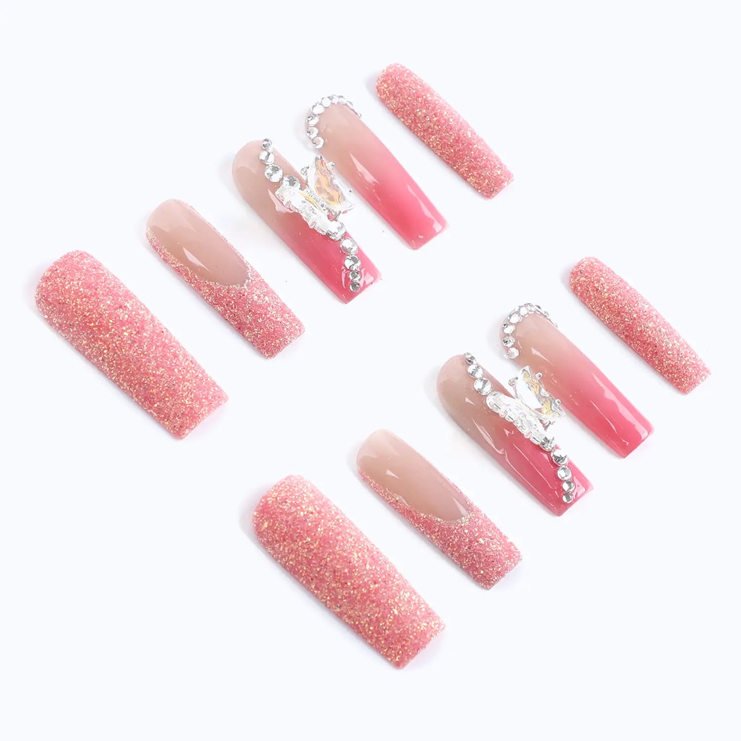 Glitter pink french tip press on nails long medium square