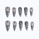 Gothic Chrome Stiletto 3D Cross and Floral Design Handmade Luxury Nail Set