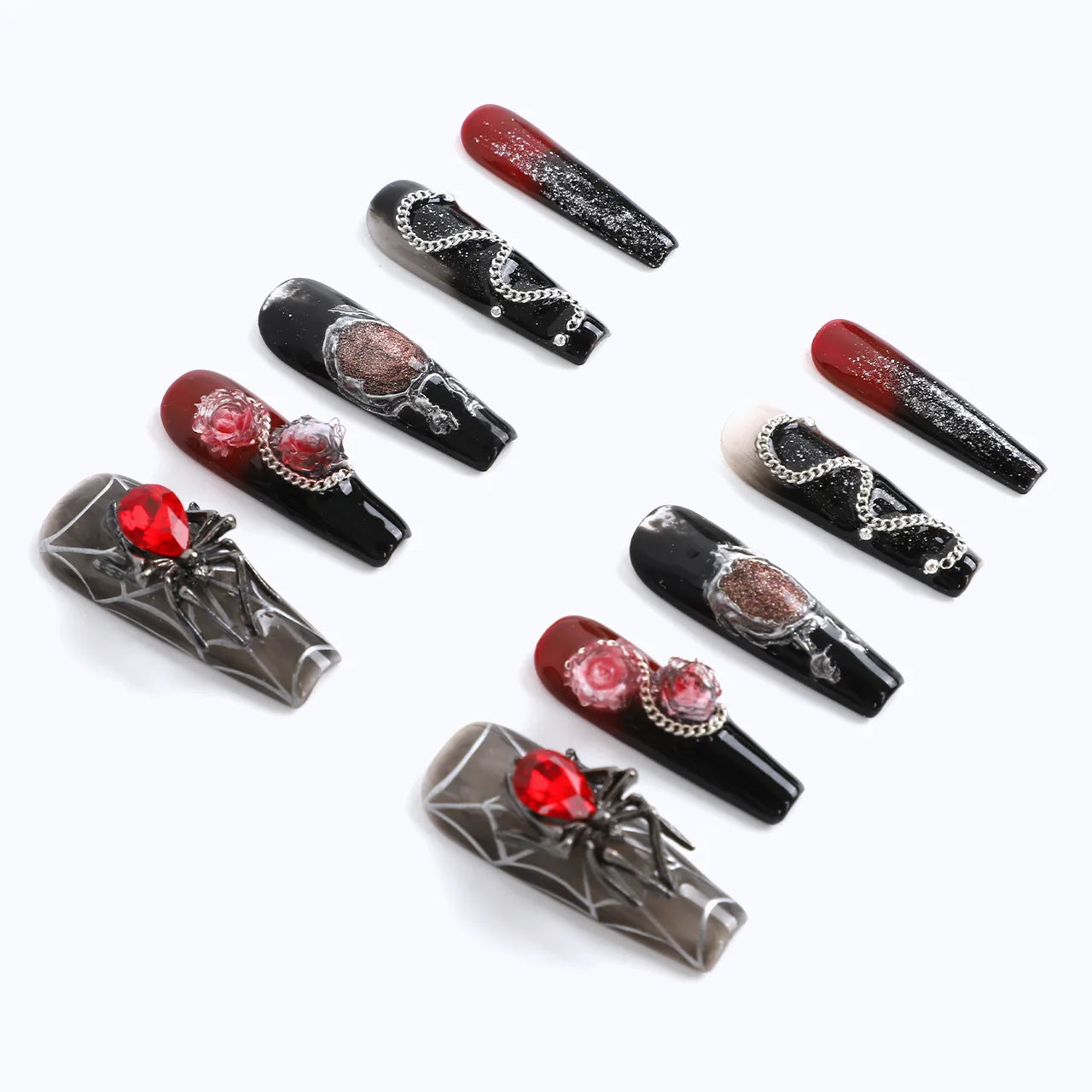 These handmade press-on nails feature black and red tones, with gemstones and metal chains for an elegant touch.