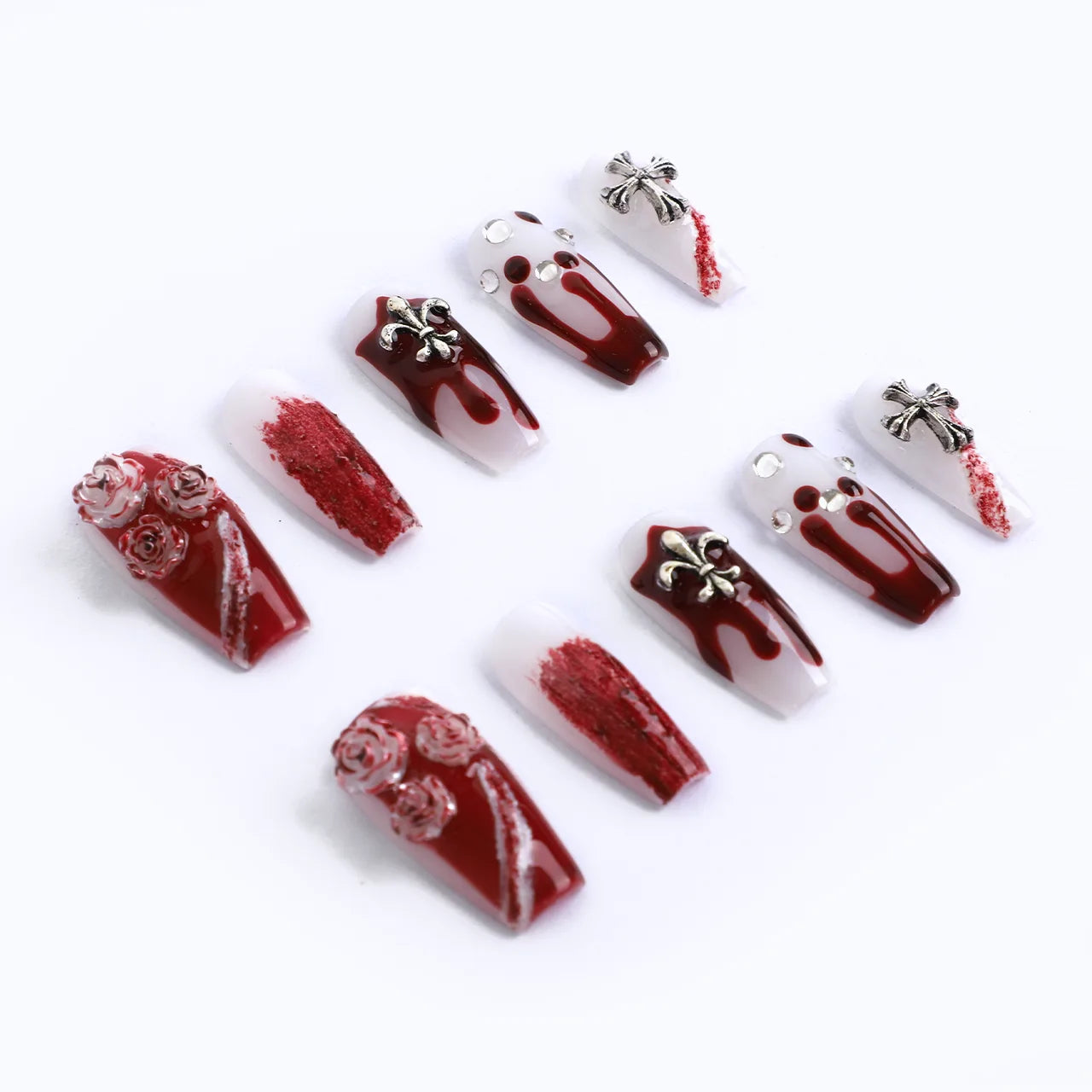 Halloween red blood rose medium coffin fake nails with cross