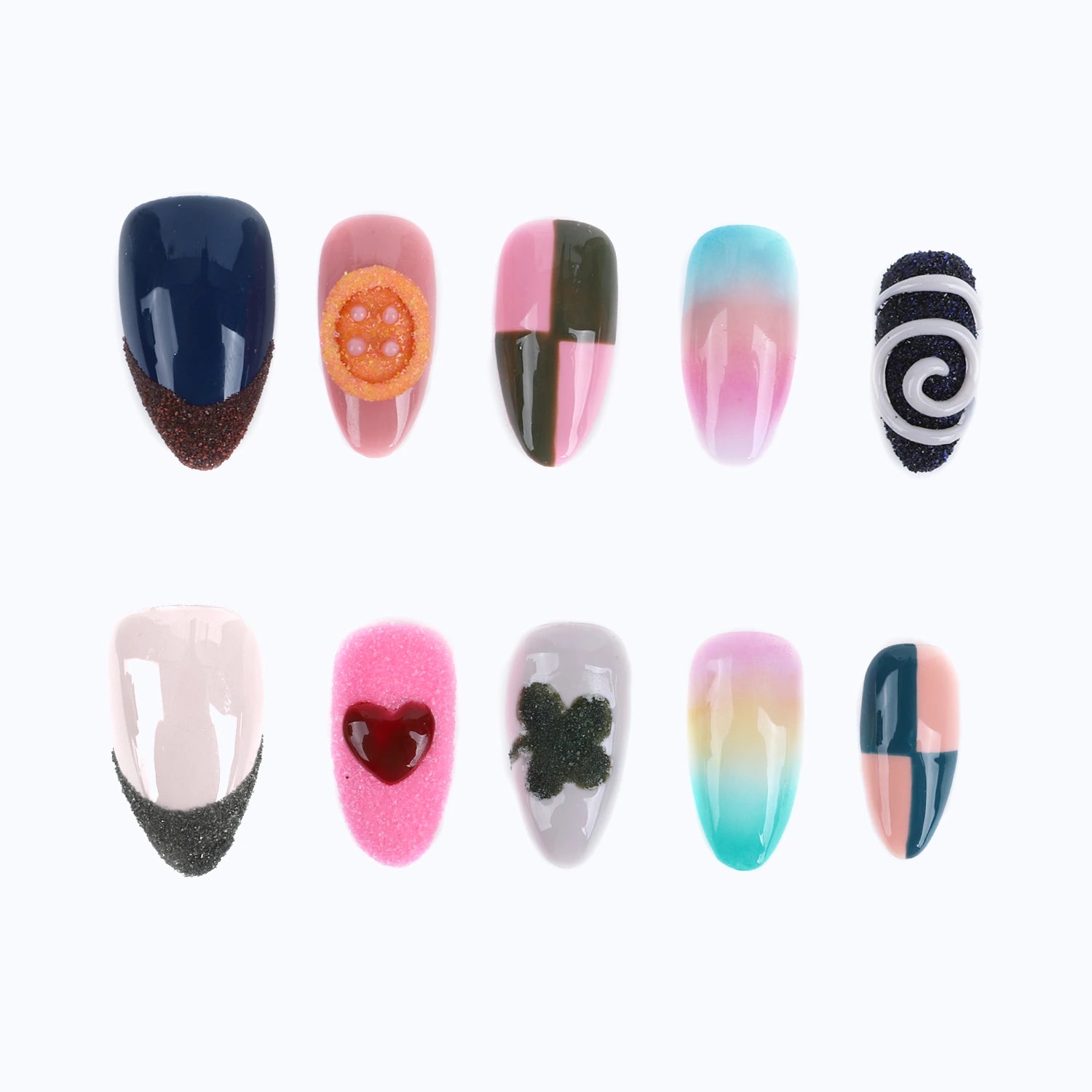 Hand-Painted Press-On Nails Stylish Heart, Swirl & Glitter Design