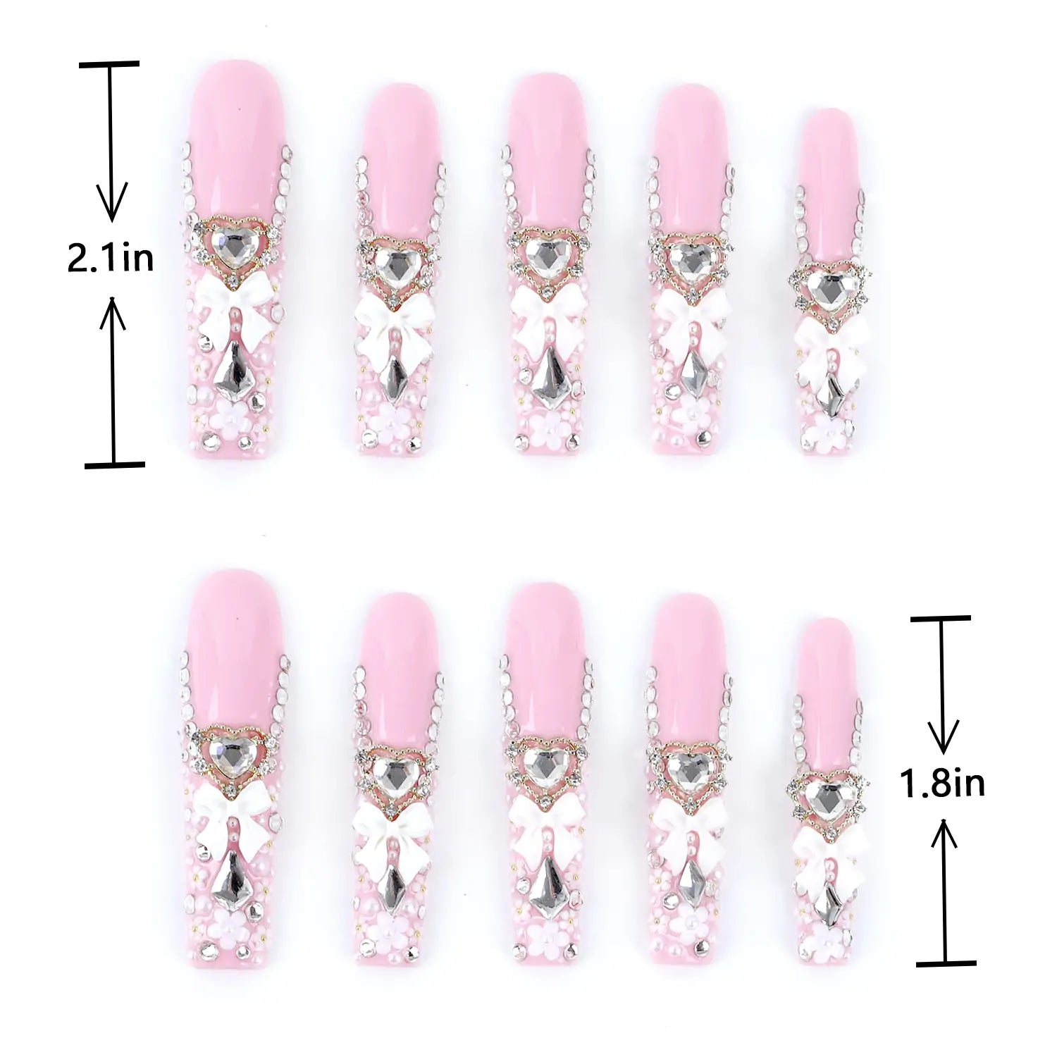 Long Square Fake Nails French Tips with Design Bow Flower Rhinestone Length measurement chart showing length