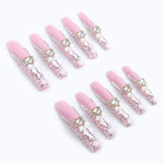 Close-up shots of 10 nails showcasing detailed, glittery manicures, handmade 3D diamond decorations and sparkling colors