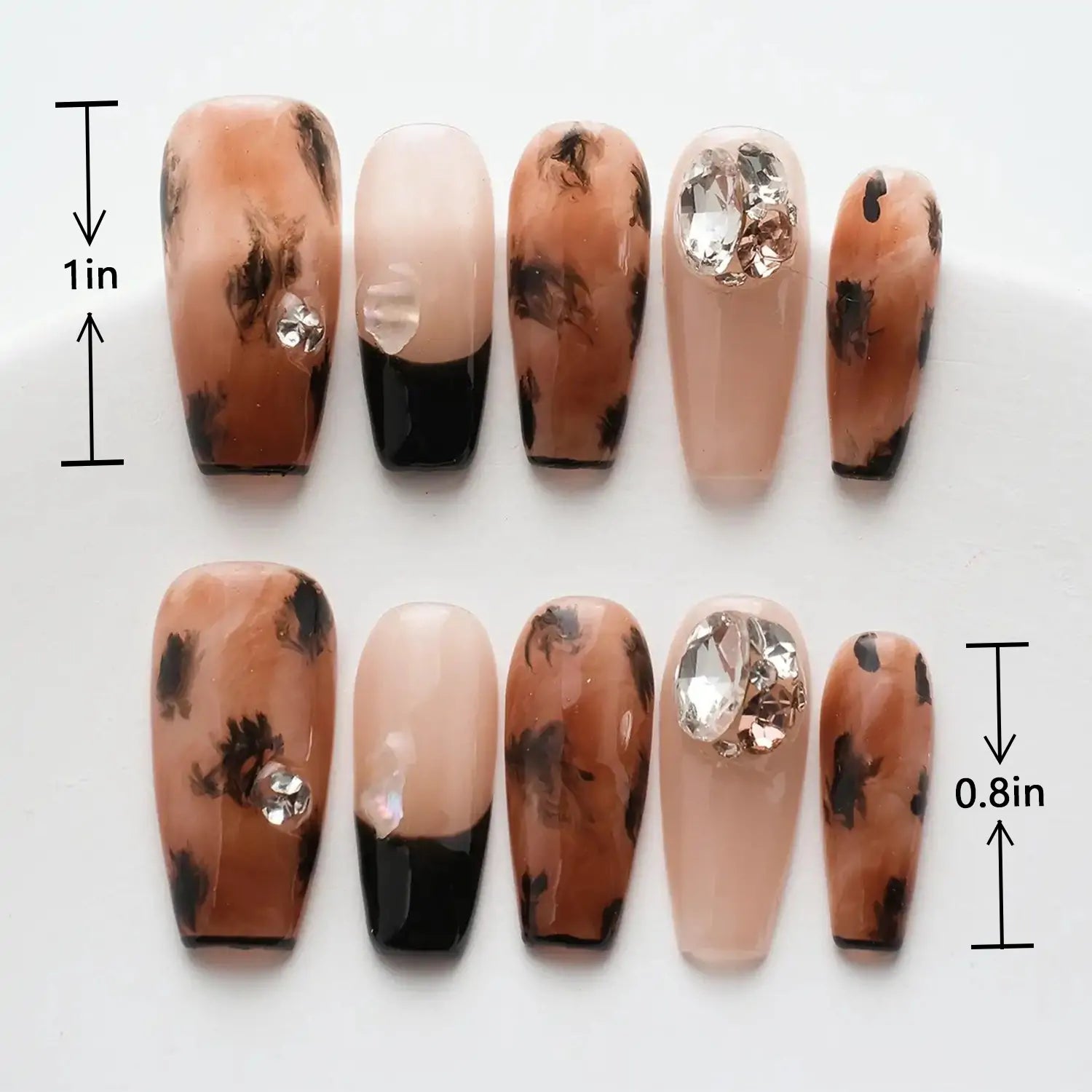 Acrylic Nail Shiny French Tip Leopard with Rhinestones length measurement chart showing length