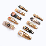 Long coffin fake nails 3d luxury gold glossy rhinestones