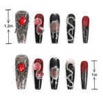 Length measurement chart of Long Coffin Press on Nails Goth Nails Style with Red Spider, showing length