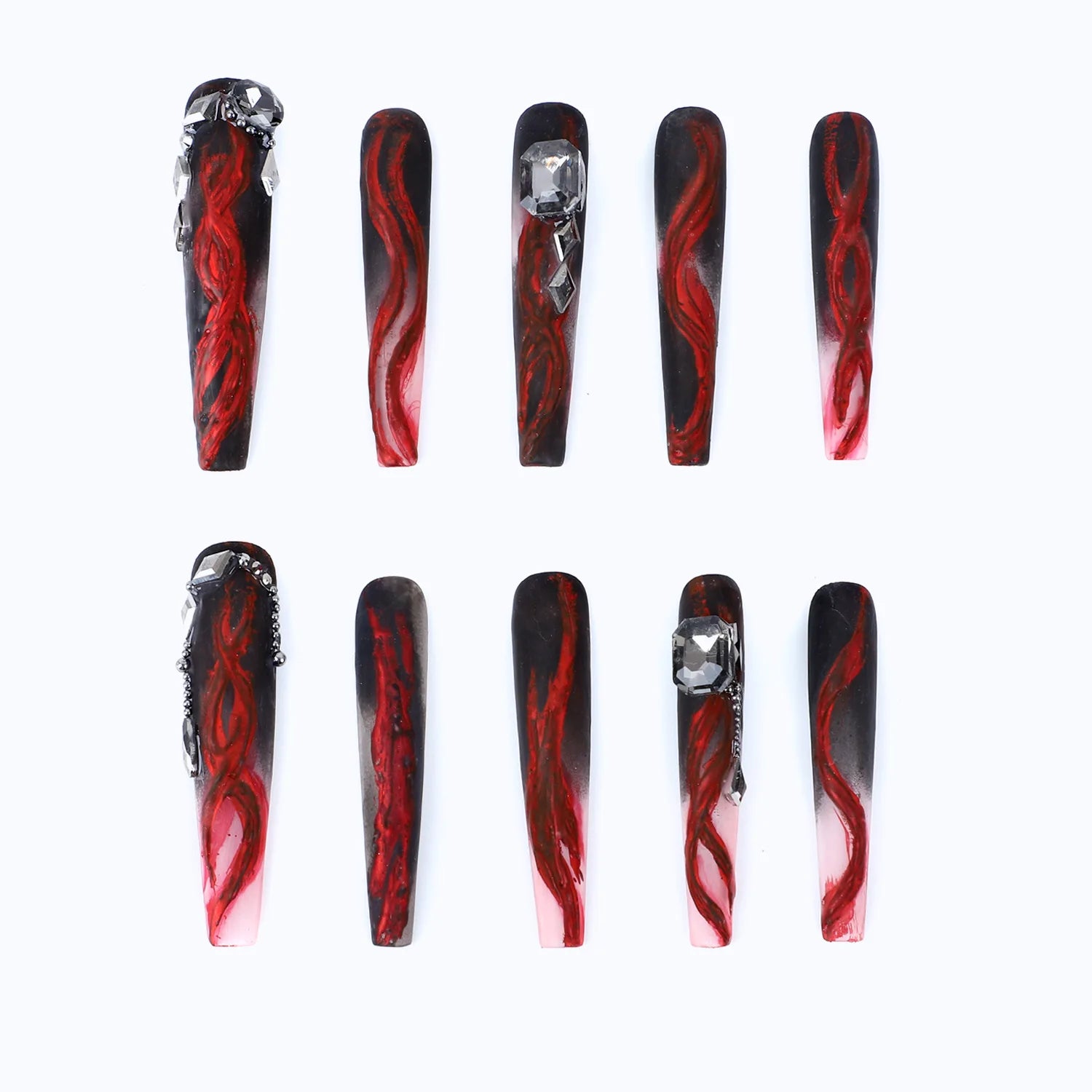 Long coffin square dark black press on nail with red flames