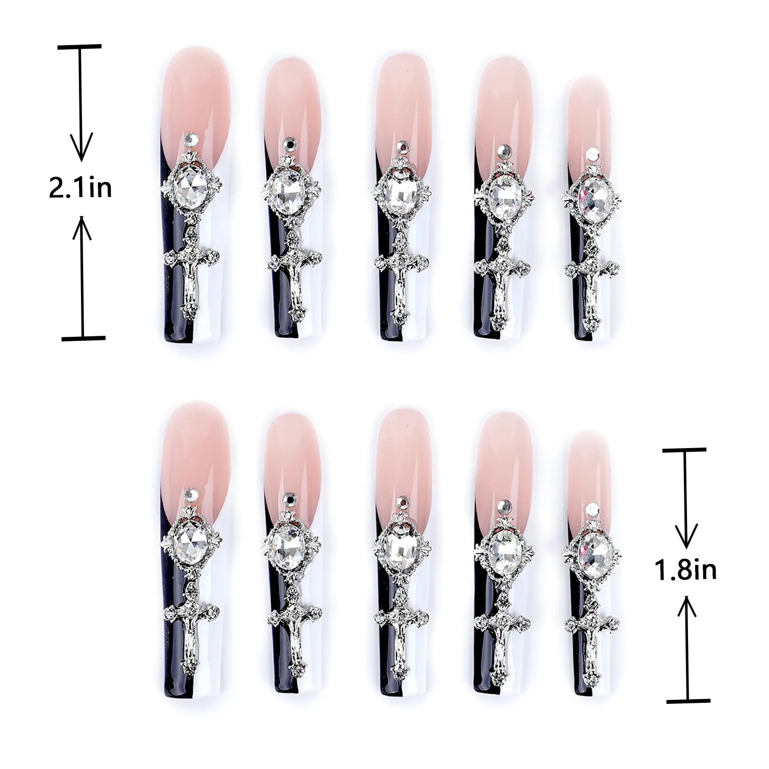 Length measurement of Press on Nails Long Square Pink Black Rhinestone 3D Nails Bling Glossy