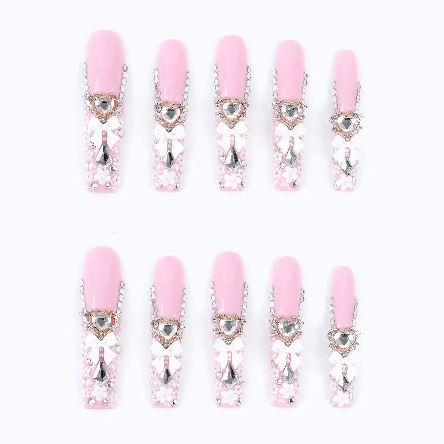 Long square fake nails french tips with design bow flower rhinestone