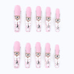 Long Square Fake Nails French Tips with Design Bow Flower Rhinestone