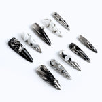 Long stiletto 3D nails press on nails acrylic nails with silver chrome