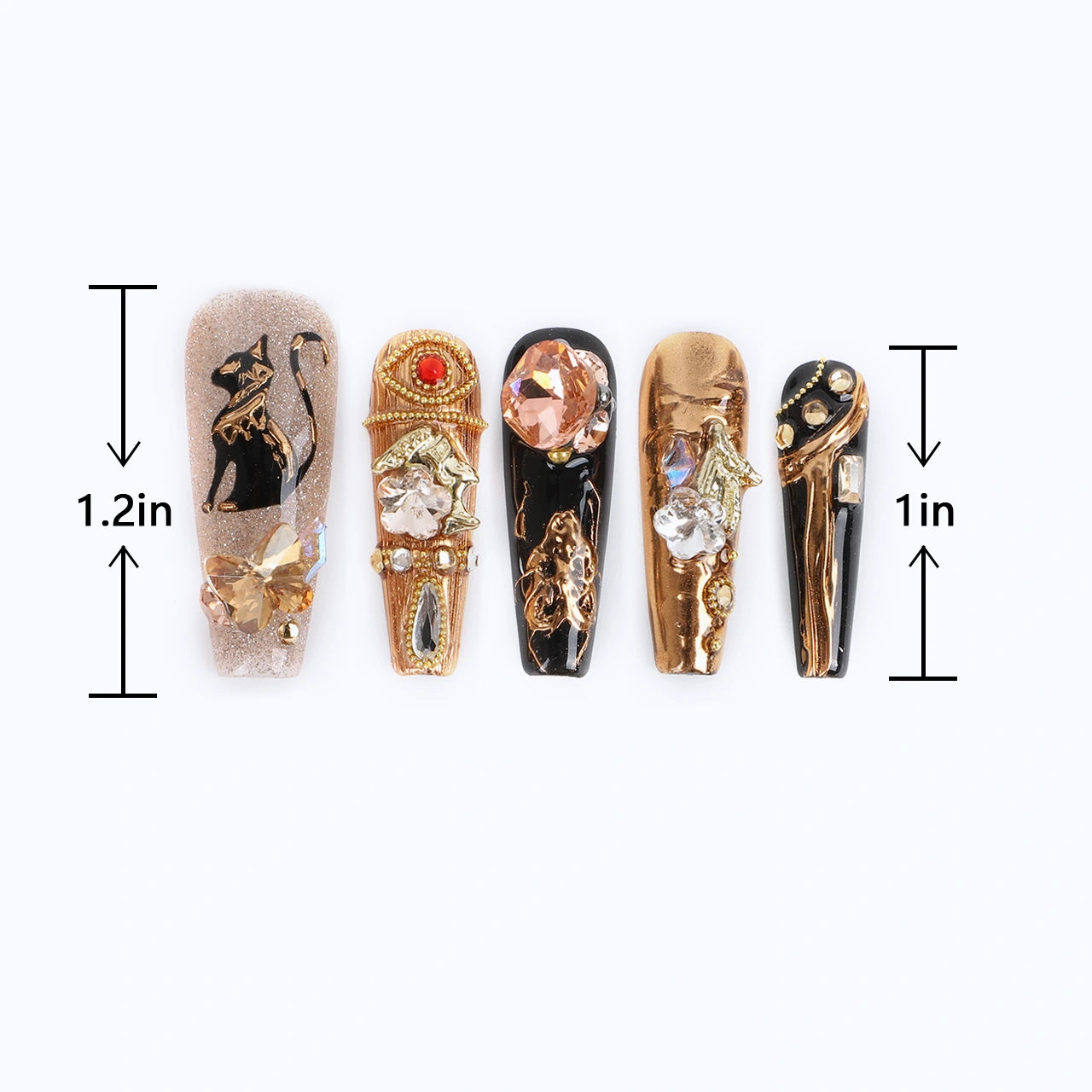 Luxury coffin nails egypt baroque gold glossy rhinestones length