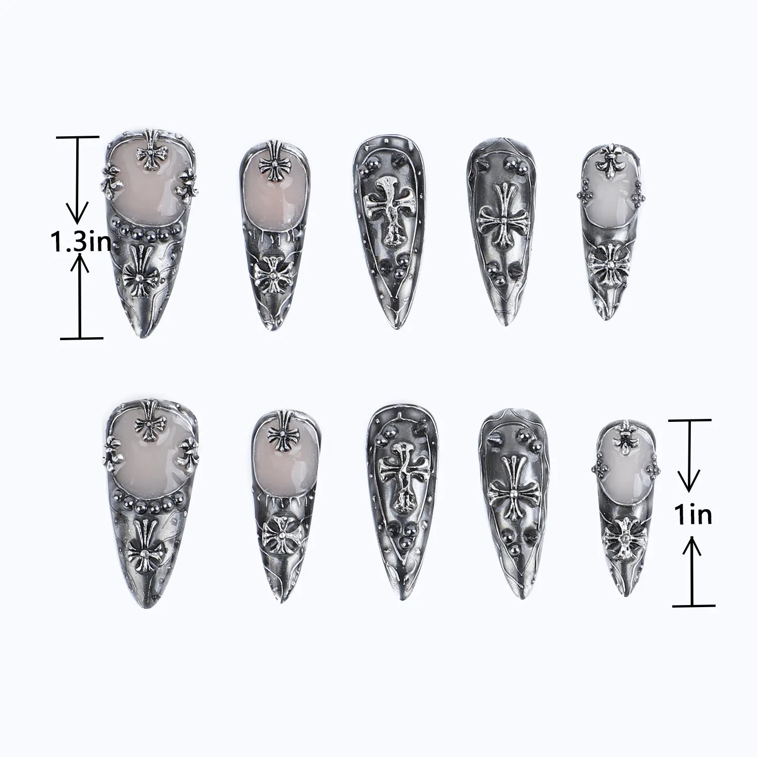 Length measurement of Gothic Chrome Stiletto 3D Cross and Floral Design Handmade Luxury Nail