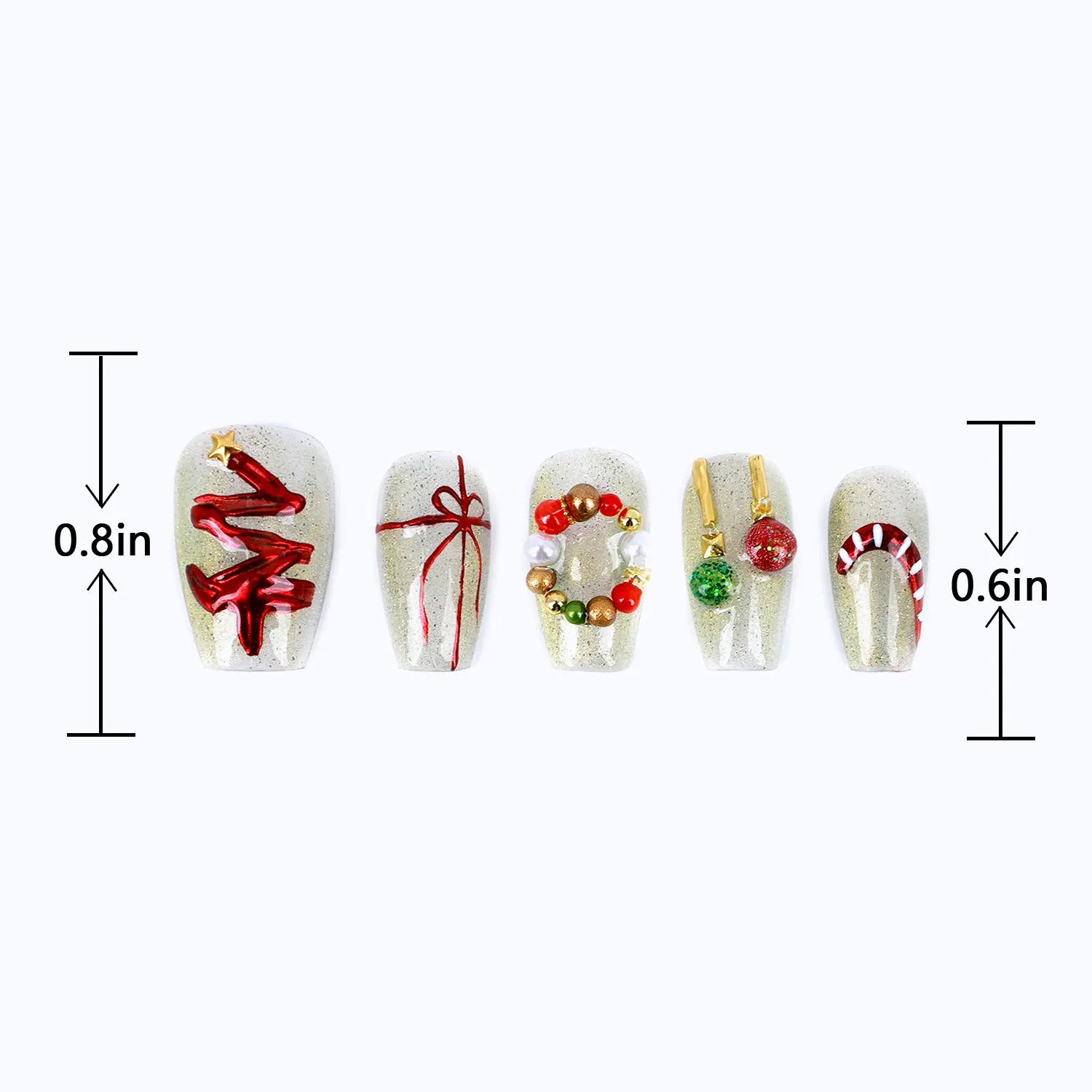 Medium coffin christmas press on nails red green gold fake nails length size