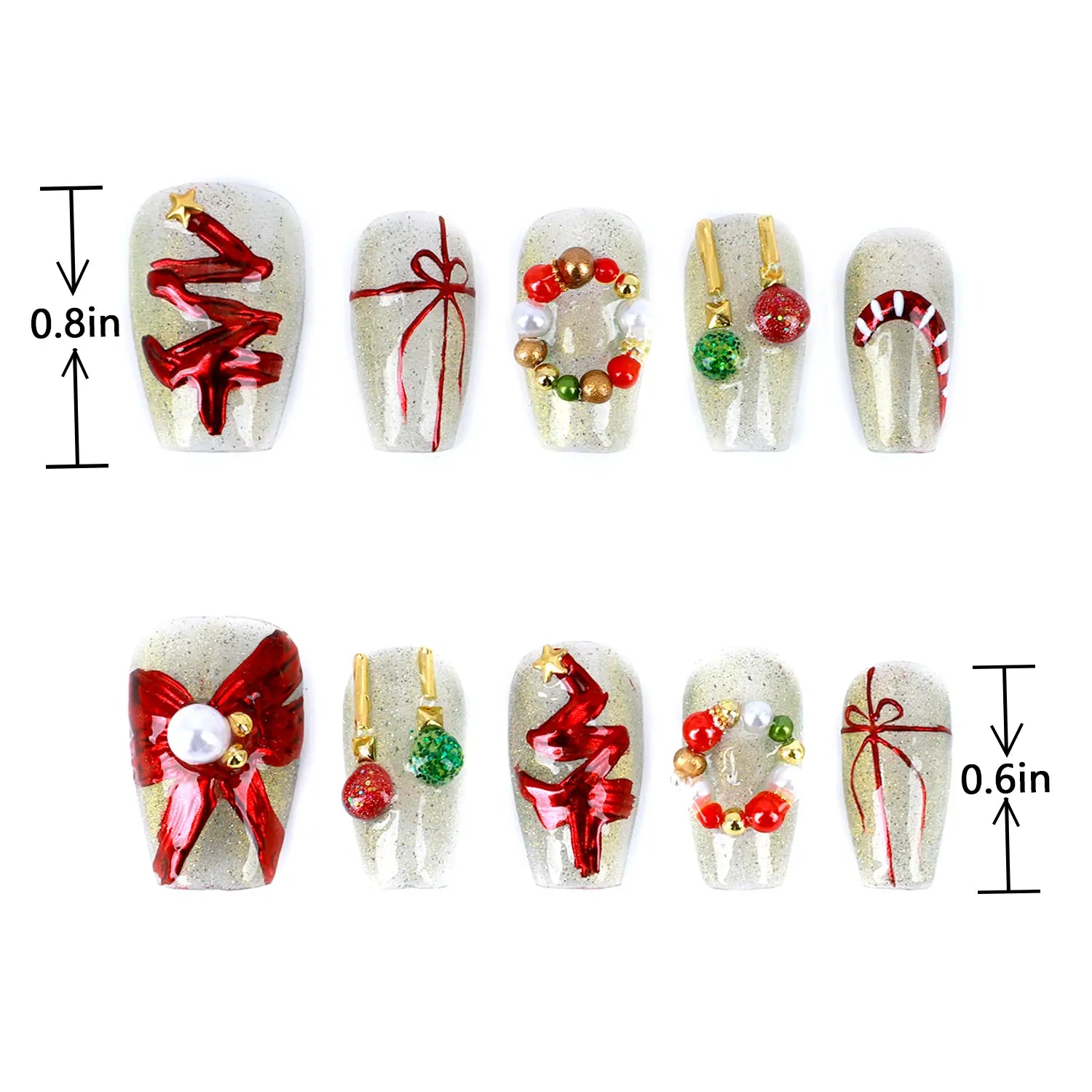 Length measurement chart of Christmas Press on Nails Medium Coffin Fake Nails with Glitter, showing length