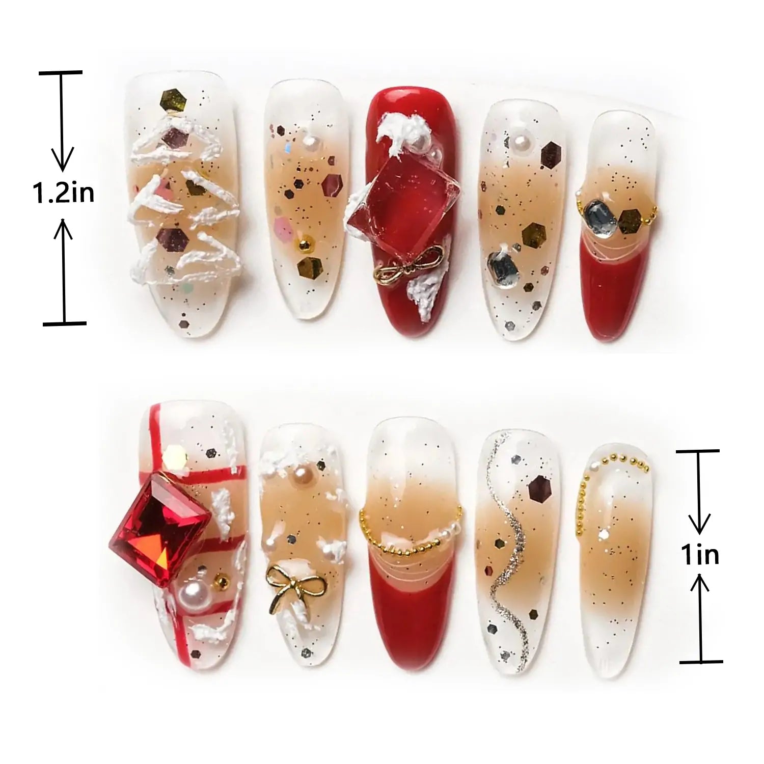 Length measurement chart of Christmas Long Almond Acrylic Nails with Gold Glitter Gloss, showing length