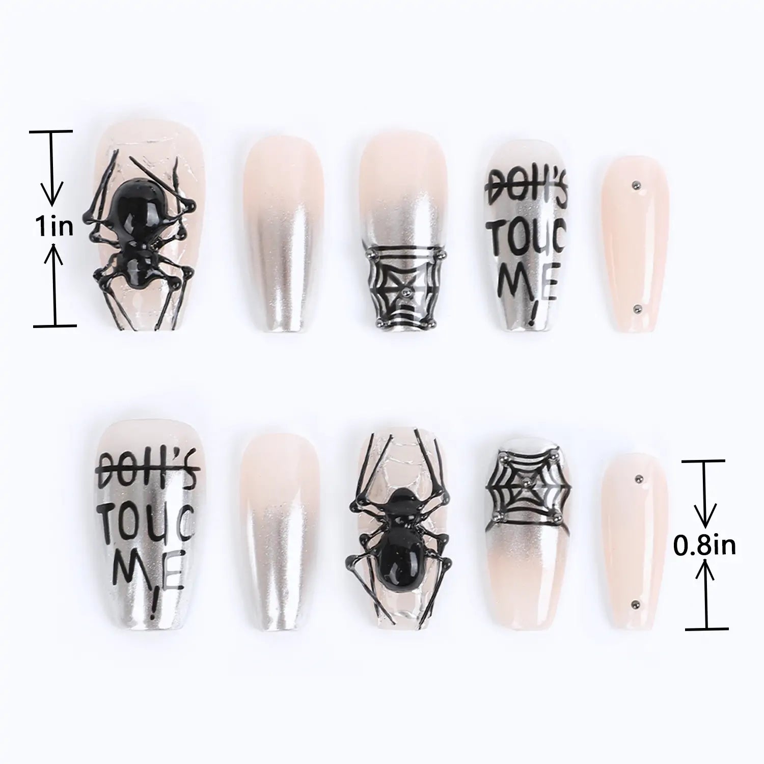 Length measurement chart of Medium Coffin Nude Pink Nails Designs with Spider Web, showing length