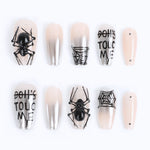 Medium coffin nude pink nails designs with spider web