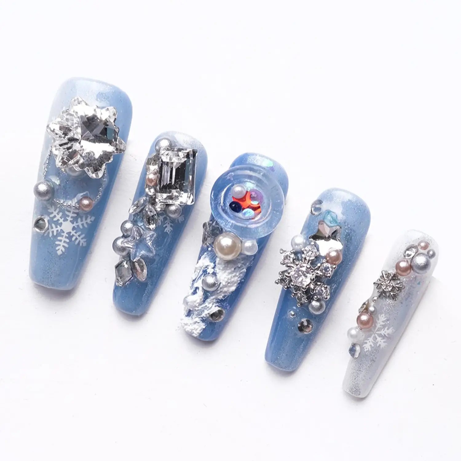 Medium coffin winter acrylic nails rhinestones with glitter