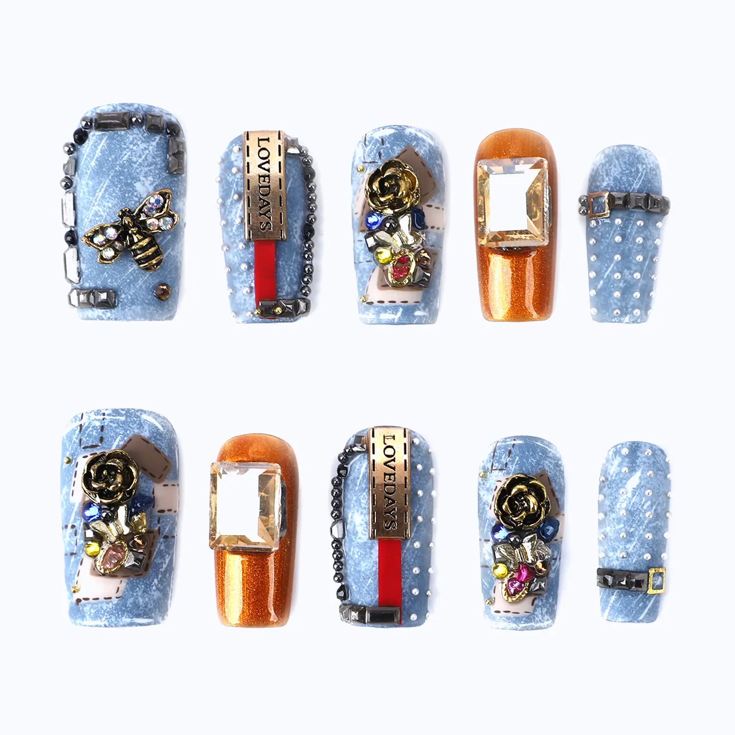 Medium square blue orange acrylic nails with rivets chains