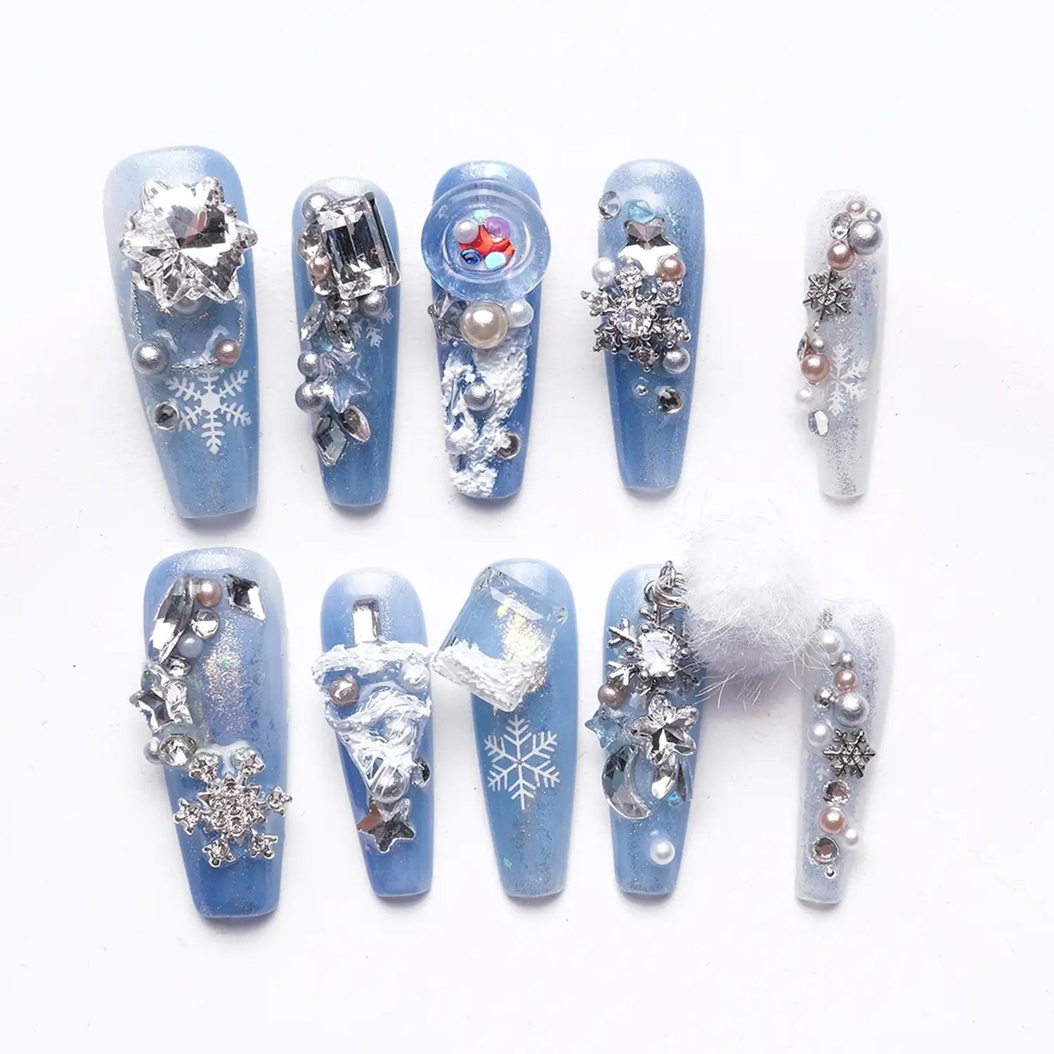 Medium Coffin Winter Acrylic Nails Rhinestones with Glitter