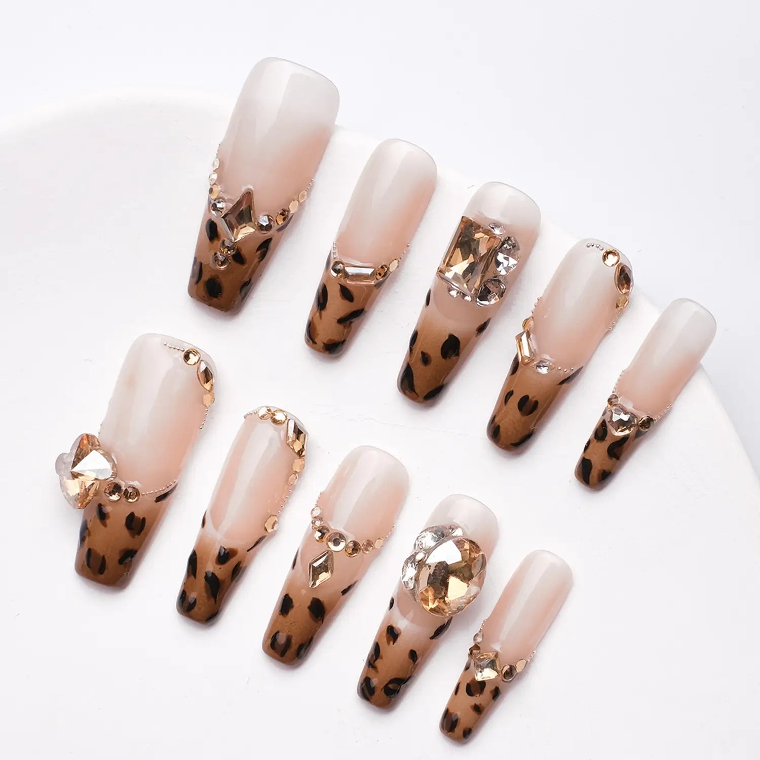 Nude pink french tip nails leopard fake nails with rhinestones