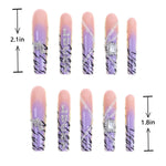 Ombre purple diamond long square acrylic press-on nails length display.